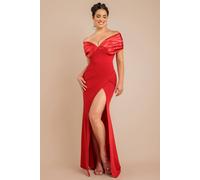 Goddiva Satin & Scuba Off The Shoulder Maxi Dress In Red Red