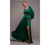 Goddiva Satin Square Neck Bishop Sleeve A Line Maxi Dress - Emerald Green by Goddiva - Emerald - 14