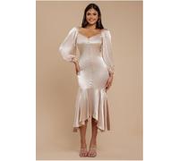 Goddiva Satin Viscose Front Buttoned Dipped Hem Midaxi Dress - Champagne by Goddiva - Champagne - 14