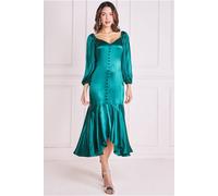 Goddiva Satin Viscose Front Buttoned Dipped Hem Midaxi Dress In Emerald Emerald