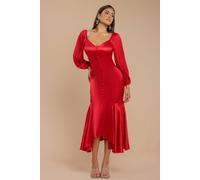 Goddiva Satin Viscose Front Buttoned Dipped Hem Midaxi Dress In Red Red