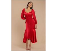 Goddiva Satin Viscose Front Buttoned Dipped Hem Midaxi Dress - Red by Goddiva - Red - 8