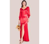 Goddiva Satin Viscose Front Split Maxi - Red by Goddiva - Red - 14