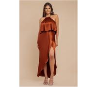 Goddiva Satin Viscose Front Wrap Midaxi Dress - Brown by Goddiva - Brown - 16