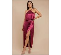 Goddiva Satin Viscose Front Wrap Midaxi Dress - Burgundy by Goddiva - Burgundy - 10