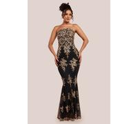 Goddiva Scallop Bandeau Sequin Mesh Maxi Dress - Black Gold by Goddiva - Black Gold - 12