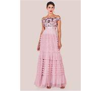 Goddiva Scallop Bardot Ruffle Mesh Maxi - Blush by Goddiva - Blush - 10