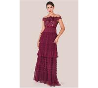 Goddiva Scallop Bardot Ruffle Mesh Maxi - Burgundy by Goddiva - Burgundy - 10