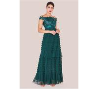 Goddiva Scallop Bardot Ruffle Mesh Maxi - Emerald Green by Goddiva - Emerald - 8