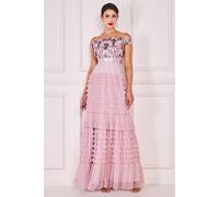 Goddiva Scallop Bardot Ruffle Mesh Maxi In Light Beige Light Beige