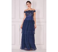 Goddiva Scallop Bardot Ruffle Mesh Maxi In Navy Navy