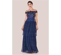 Goddiva Scallop Bardot Ruffle Mesh Maxi - Navy by Goddiva - Navy - 10