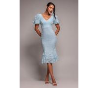 Goddiva Scallop Lace Puff Sleeve Fit & Flare Midi Dress - Sky Blue by Goddiva - Sky Blue - 14