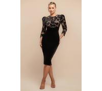 Goddiva Scalloped Crochet & Velvet Midi Dress In Black Black