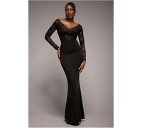 Goddiva Scalloped Lace Bodice Long Sleeve Bardot Maxi Dress - Black by Goddiva - Black - 16
