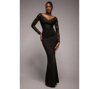 Goddiva Scalloped Lace Bodice Long Sleeve Bardot Maxi Dress In Black Black