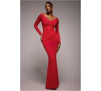 Goddiva Scalloped Lace Bodice Long Sleeve Bardot Maxi Dress - Red by Goddiva - Red - 18