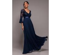 Goddiva Scalloped Lace Bodice Pleated Chiffon A Line Maxi Dress - Navy Blue by Goddiva - Navy - 8