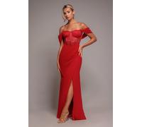 Goddiva Scalloped Lace & Chiffon Winged Corset Bodice Maxi Dress - Red by Goddiva - Red - 16