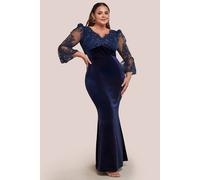Goddiva Scalloped Lace & Velvet Maxi Dress In Navy Navy 26