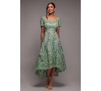 Goddiva Scalloped Neck Embroidered Lace High Low Midi Dress In Light Green Light Green