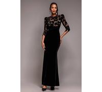 Goddiva Scalloped Velvet Crochet Maxi Dress In Black Black 10