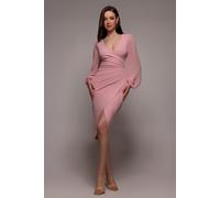 Goddiva Scuba & Chiffon Balloon Sleeve Wrap Midi Dress - Blush Pink by Goddiva - Blush - 8