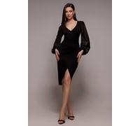 Goddiva Scuba & Chiffon Balloon Sleeve Wrap Midi Dress In Black Black