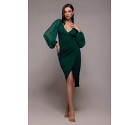 Goddiva Scuba & Chiffon Balloon Sleeve Wrap Midi Dress In Emerald Emerald