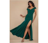 Goddiva Scuba Crepe Off Shoulder Front Split Maxi Dress - Emerald Green by Goddiva - Emerald - 10