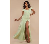 Goddiva Scuba Crepe Off Shoulder Front Split Maxi Dress In Light Green Light Green 8