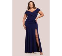 Goddiva Scuba Crepe Off Shoulder Front Split Maxi Dress In Navy Navy 18