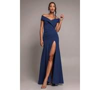 Goddiva Scuba Crepe Off Shoulder Front Split Maxi Dress In Navy Navy