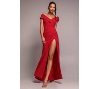 Goddiva Scuba Crepe Off Shoulder Front Split Maxi Dress In Red Red 12