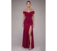 Goddiva Scuba Crepe Off Shoulder Front Split Maxi Dress In Wine Wine 14