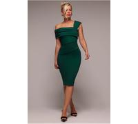 Goddiva Scuba Crepe Pleated Drop Shoulder Midi Dress - Emerald Green by Goddiva - Emerald Green - 12