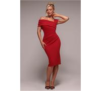 Goddiva Scuba Crepe Pleated Drop Shoulder Midi Dress - Red by Goddiva - Red - 12
