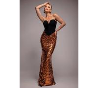 Goddiva Scuba Crepe & Sequin Dipped Waist Strapless Maxi Dress In Bronze Bronze 10