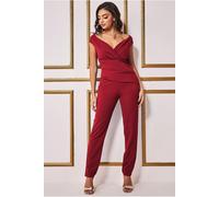 Goddiva Scuba Crepe Wrap Bardot Jumpsuit - Wine by Goddiva - Wine - 10
