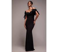 Goddiva Scuba Off The Shoulder Velvet Bow Maxi Dress In Black Black 18
