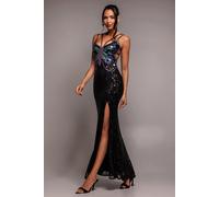 Goddiva Sequin Butterfly Front Split Maxi Dress - Black by Goddiva - Black - 14