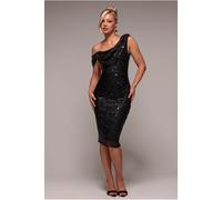 Goddiva Sequin Cowl One Shoulder Midi Dress - Black by Goddiva - Black - 18