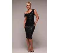Goddiva Sequin Cowl One Shoulder Midi Dress In Black Black 14