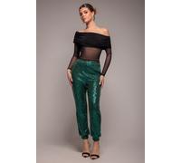Goddiva Sequin Cuffed Ankle Trouser - Emerald by Goddiva - Emerald - 16