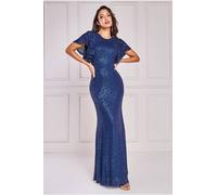 Goddiva Sequin Flutter Sleeve Maxi In Navy Navy