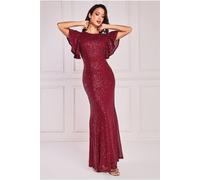 Goddiva Sequin Flutter Sleeve Maxi - Wine by Goddiva - Wine - 14