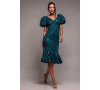Goddiva Sequin Lace Puff Sleeve Fit & Flare Midi Dress - Teal Blue by Goddiva - Teal Blue - 10