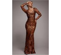 Goddiva Sequin Leaf Long Sleeve Maxi Dress - Bronze by Goddiva - Bronze - 16