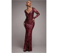 Goddiva Sequin Leaf Long Sleeve Maxi Dress - Burgundy by Goddiva - BurgundyRed - 10