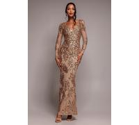 Goddiva Sequin Leaf Long Sleeve Maxi Dress - Gold by Goddiva - Gold - 12